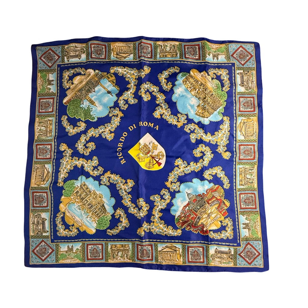 Vtg Ricordo Di Roma Scarf Rome Italy Souvenir Roman Landmarks Cobalt Blue Gold